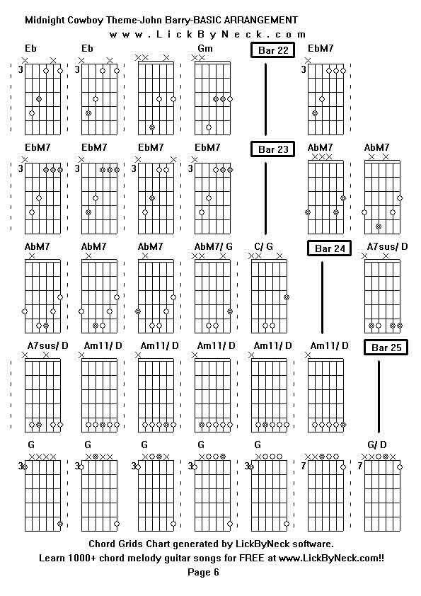 Chord Grids Chart of chord melody fingerstyle guitar song-Midnight Cowboy Theme-John Barry-BASIC ARRANGEMENT,generated by LickByNeck software.